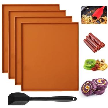 Imagem de 4 peças de tapetes desidratadores de silicone antiaderentes com raspador de silicone com bordas levantadas à prova de folhas para cozinha, legumes, frutas, carne, frango (café)