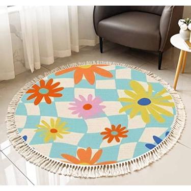 Imagem de Tapete redondo com franja, retrô, margarida, sem costura, azul, distorcido, hippie, estetica, boho, borla, tapete de linho, tecido à mão, pátio, corredor, corredor, decoração de casa, sala de estar