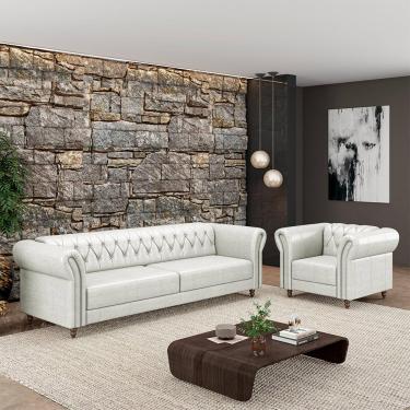 Imagem de Conjunto Sala de Estar 1 Sofá Living 180cm e 2 Poltronas Stanford Chesterfield Pés Madeira Couro Branco Manchado G58 - Gran Belo