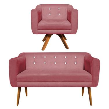 Imagem de Kit Namoradeira 02 Lugares e 01 Poltrona Giratória Julia Suede Rosê com Strass Base Madeira MM30 D01 - D'Rossi