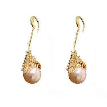 Imagem de Brinco Perola Noiva Lady Di Rosa Gota Pendurada Zircônia Cravejada Fio Longo Anzol Dourado-Brincos de Pérolas Pendente Comprido Strass Brilhante Moderno Luxo- Presente Feminino Amiga Mãe Esposa Amor Filha Debutante Festa