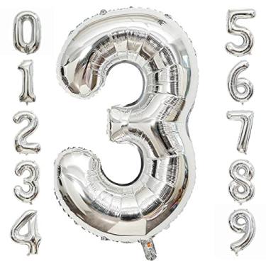 Imagem de Balão grande prateado com número 3 de 101 cm de tamanho extra grande de mylar para decoração de festa de aniversário, formatura, casamento, chá de bebê, artigos de noivado, sessão de fotos