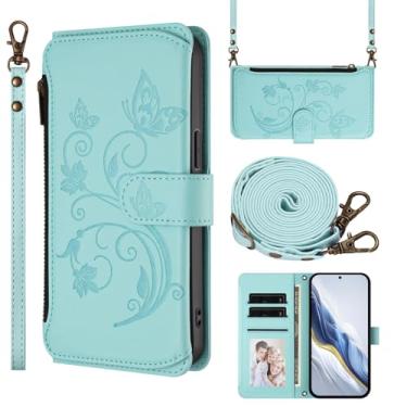 Imagem de Capa carteira para Google Pixel 9 com suporte para cartão, bolso com zíper e alça longa - capa fólio de couro com fecho magnético, suporte, capa feminina anti-impressão digital (menta)