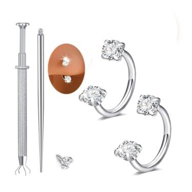 Imagem de MODRSA Anel de nariz de ferradura prata 20 g dupla pedra sapato de cavalo anéis de nariz para mulheres aço cirúrgico meia argola em forma de U brinco tragus argolas hélice piercing joias anéis de