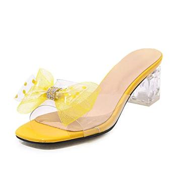 Imagem de Bigfanshu Sandálias femininas de salto 2021 moda bico aberto laço de plástico coreano salto grosso cristal e elegante sandália feminina temperamento, Amarelo, 14