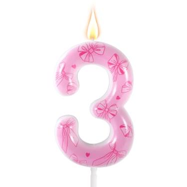 Imagem de Vela de aniversário com laço rosa, número com tema de laço elegante, enfeite de bolo de aniversário para mulheres, meninas, festas de casamento, chás de bebê, decorações de aniversário (número 3)