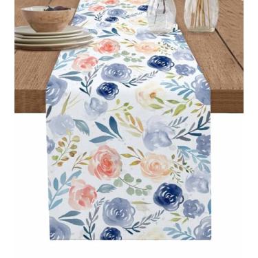 Imagem de Caminho de mesa de plantas rosa azul e rosa aquarela, caminho de mesa de linho de algodão, 122 cm de comprimento, cômoda abstrata de folhas botânicas, cachecol para cozinha, café, jantar, sofá, mesas