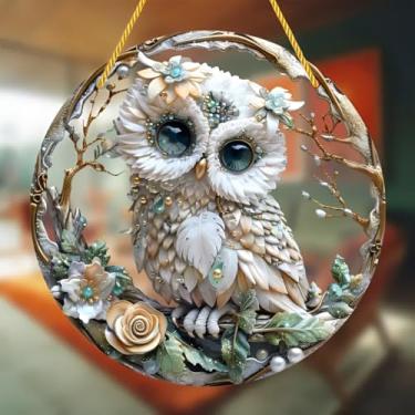 Imagem de Apanhador solar de acrílico colorido, decoração de janela suspensa de coruja de 18 cm com design de vitral impresso, apanhador de sol, ideia de presente e ornamento de jardim para uso interno e
