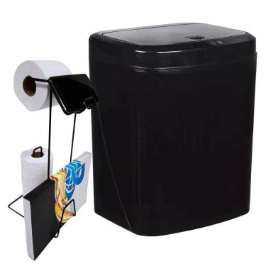 Imagem de Lixeira Automática Preta 16 Litros USB KALA com Suporte para Papel Higiênico 3 Rolos Pr...