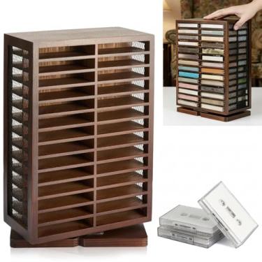 Imagem de Ripeng Suporte de fita cassete giratório para armazenamento de cassete 360 graus Cd Torre de armazenamento prateleira de almofadas de tinta dupla face, presente rústico de colecionador VHS de Natal