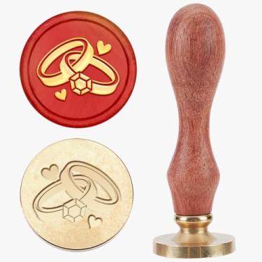 Imagem de Anéis de casamento selo de cera vintage anéis de coração selo de cera de vedação 25 mm cabeça de carimbo de latão removível com alça de madeira para cartão de convite de casamento, envelopes