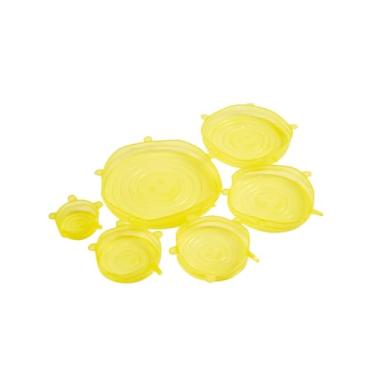 Imagem de Pacote com 6 tampas elásticas de silicone, capas reutilizáveis para armazenamento de alimentos - seguro para micro-ondas, freezer e lava-louças, amarelo