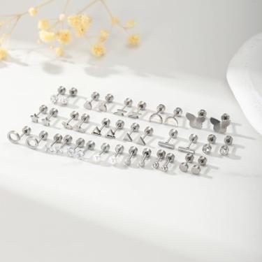 Imagem de Conjunto de 18 pares de brincos para mulheres, homens, prata esterlina, aço inoxidável, hipoalergênicos, costas planas, floral, pérola, estrela, lua, coração, cruz, joias presentes para mulheres e