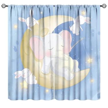 Imagem de Cortinas de Elefante Adormecido para Crianças, Sonhador Noite Estrelada Lua Coelhinhos Estampa Elefante Cortinas para Bebês Meninas Meninos Quarto Sala de Estar Berçário, 106,7 cm L x 114,3 cm C (sem