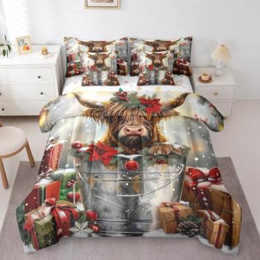 Imagem de Erosebridal Jogo de cama solteiro de vaca Highland com estampa de animais de fazenda, para meninos e meninas, lençol de inverno com folhas de pinheiro, frutos silvestres e folhas de pinheiro, para