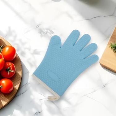 Imagem de Generic 1 luva de forno com borda desossada de 5 dedos luva de forno apenas lavagem à mão agulha de silicone algodão azul claro 27,5 x 20,5 cm
