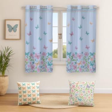 Imagem de Cortina Infantil Estampada 2m x 1,5m com 2 Capas de Almofada, Decorativa, Tecido Poliéster, para Quarto (BORBOLETAS)