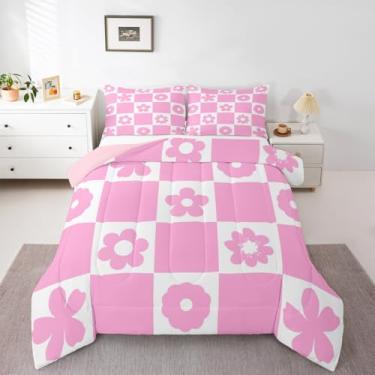 Imagem de Feelyou Jogo de cama xadrez com flores fofas para meninos e meninas, rosa, branco, xadrez, tamanho solteiro, geométrico, edredom moderno, estilo geométrico, decoração de quarto, 2 peças com 1 fronha
