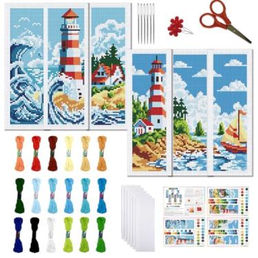 Imagem de FREEBLOSS Conjunto de 6 kits de marcadores de página de ponto cruz, kit de bordado de 11 quilates com instruções para iniciantes 20 x 6 cm