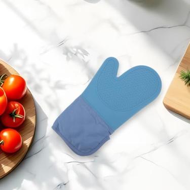 Imagem de Generic 1 luva de forno curta com abertura lateral redonda lavar à mão apenas pano de algodão de silicone azul claro 33,5 x 18,5 cm