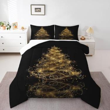 Imagem de Conjunto de edredom Queen com árvores de Natal, decoração de quarto de crianças, meninos e meninas, dourado e preto, com 2 fronhas