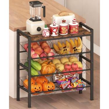Imagem de Tigerden Rack de armazenamento de cozinha de 4 níveis, suporte de armazenamento de despensa de metal com 6 cestas de frutas e vegetais, pequena ilha de cozinha com topo de madeira, prateleira