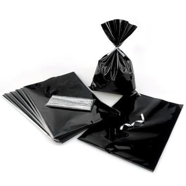 Imagem de FAZHBARY 100 unidades de sacos de guloseimas de celofane preto, 15 x 23 cm, sacos de doces coloridos com laços torcidos para aniversário, casamento, férias, festa