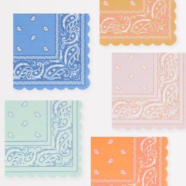 Imagem de Meri Meri Guardanapos de festa bandana ocidental (pacote com 16), guardanapos de papel descartáveis, crianças e adultos, borda recortada, 5 cores vibrantes, papel grosso e absorvente de 3 camadas