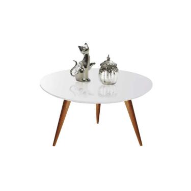 Imagem de Mesa De Centro Redonda Laqueada Com Vidro Colado Pé Palito 60cm Branco