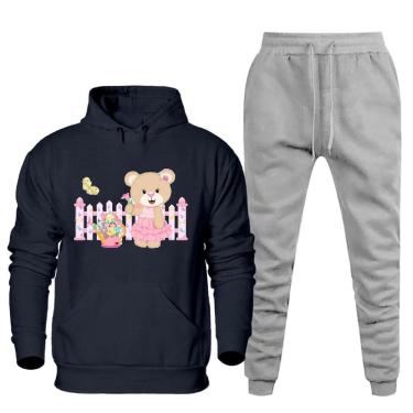 Imagem de Conjunto Abrigo Moletom Feminino Plus Size Canguru Numeraçao Especial Estampado Calça Cos Elastico