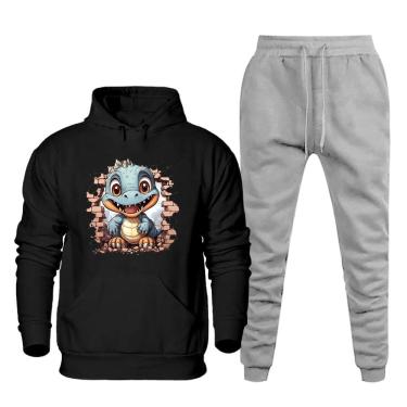 Imagem de Conjunto Plus Size Moletom Masculino Numeraçao Especial Estampa Dinossauro Blusa Canguru e Calça