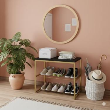 Imagem de Sapateira Banco Madeira Para Hall De Entrada Com Prateleira Banco Preto Pés Dourados