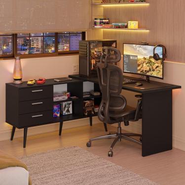 Imagem de Escrivaninha Em L Mesa Para Computador Gamer 3 Gavetas Preto Lisboa Madesa
