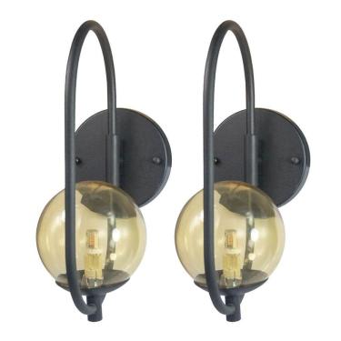 Imagem de Kit 2 Arandela Online Preta Globo De Vidro Ambar + Led 5w