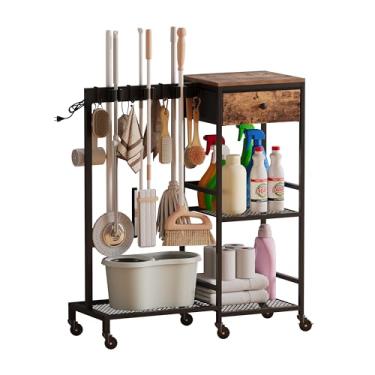 Imagem de Unionly Carrinho de limpeza de metal resistente com rodas, suporte de vassoura com organizador de materiais de limpeza, carrinho de armazenamento de vassoura com gancho de esfregão ganchos para casa