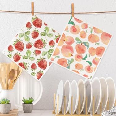 Imagem de 2 peças de panos de prato suecos rosa aquarela pêssegos, panos de prato suecos de morango de verão para cozinha casa, panos de esponja de celulose super absorventes toalhas de limpeza, toalhas de