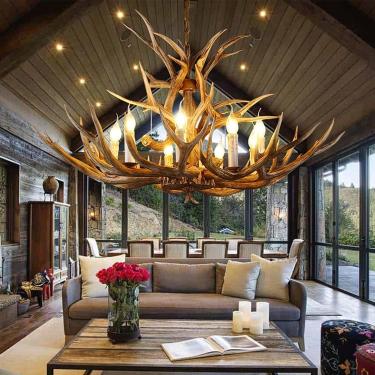Imagem de Lustre De Chifre De Resina, Iluminação De Lustre De Chifre De Veado, Lustre De Chifre Retrô E12 Com 8 Luzes Para Bares De Sala De Estar E Quarto