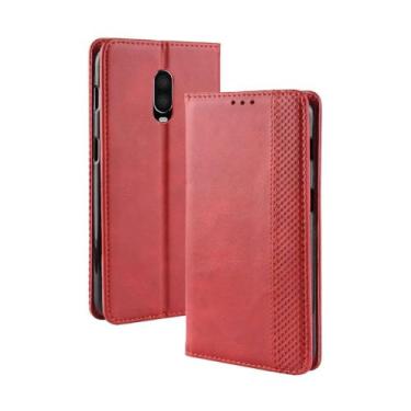 Imagem de Capa para OnePlus 6T,Retro Flip magnético,Caso de telefone de couro PU,Design de carteira com 3 slots de cartão e 1 clipe de dinheiro -Red
