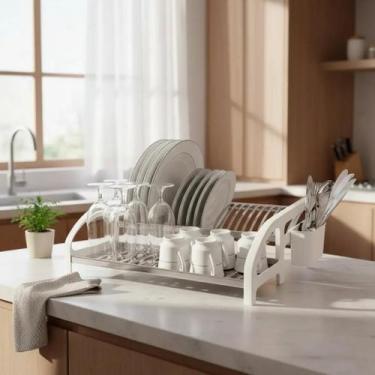 Imagem de Escorredor de Louça 20 Pratos Branco em aço Inox Cama com Porta Talher