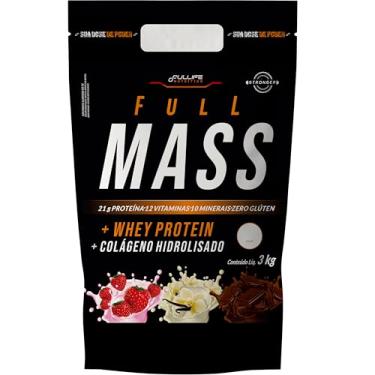 Imagem de Fullife Nutrition, Full Mass, Hipercalórico, 21g de proteína + 12 vitaminas e 10 minerais, Sabor Morango, Pouch, 3 Kilos • 19 Doses