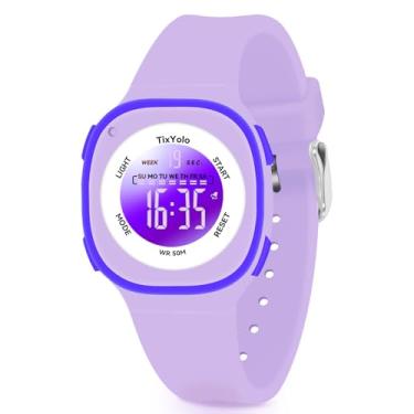Imagem de TixYolo Relógio digital infantil com 7 luzes coloridas à prova d'água, alarme, cronômetro, pulseira macia, presente para crianças, relógio esportivo para meninos e meninas de 5 a 12 anos, Roxo - G