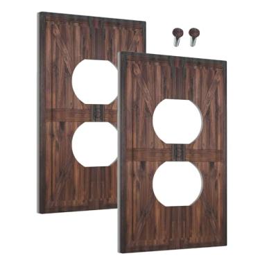 Imagem de Wmhusu Capas de tomada marrom country porta de celeiro prancha de madeira retrô 1 gangue placa de cobertura de interruptor de luz dupla placas decorativas de parede placa elétrica tampa de receptáculo