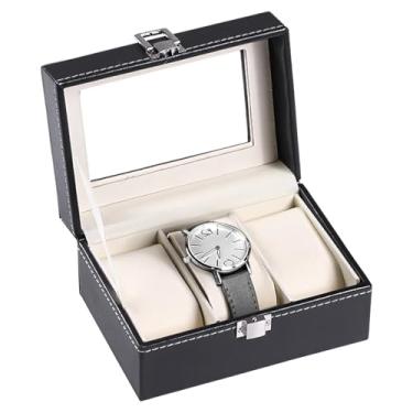 Imagem de Caixa organizadora de relógio masculino, caixa de armazenamento com 3 compartimentos, couro PU com janela de acrílico, forro macio, fecho de metal, ideal para relógios e acessórios