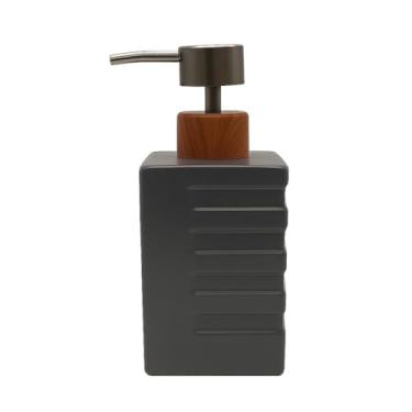 Imagem de Porta Sabonete Líquido em Cerâmica, 340 ml, Design Moderno com Base Texturizada, Acabamento em Madeira e Metal (Cinza escuro)