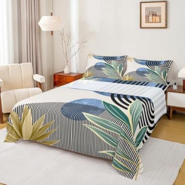 Imagem de Erosebridal Jogo de lençol Queen moderno de meados do século, moderno, boêmio, arte abstrata, minimalista, geometria, curva, folhas, estética, lençol de cima, azul e verde para decoração de quarto