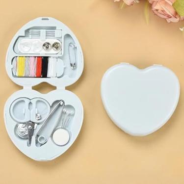 Imagem de Kit de costura multifuncional portátil - Mini caixa em forma de amor com tesouras, agulhas, alfinetes para viagens e costura doméstica, azul