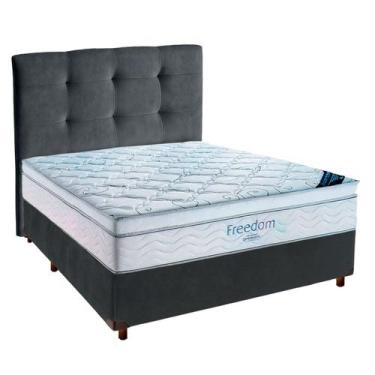 Imagem de Cama Box Cinza + Colchão Casal Freedom Ortobom + Cabeceira