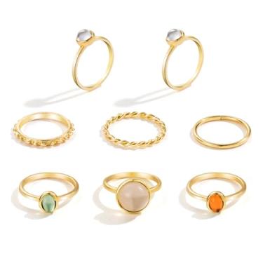 Imagem de DATOA Conjunto de anéis Boho Knuckle ouro azul verde pedra empilhável vintage colorido anéis de pedras preciosas boa sorte dedo midi declaração estética conjunto de anéis de polegar joias para