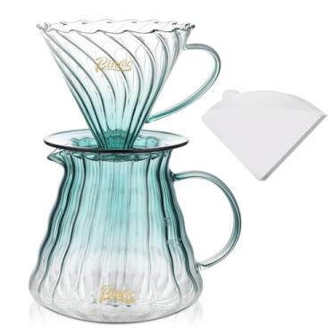Imagem de Bincoo Conjunto de cafeteira com gotejador tamanho 02.600 ml, gotejador de café de vidro cônico de 60 ângulos com suporte e papel de filtro para presente de escritório em casa (verde)