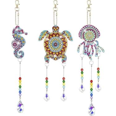 Imagem de 3 peças de pintura de arte de diamante apanhadores de sol, decorações temáticas de oceano, arte de sino de vento, kits de pintura de diamante faça você mesmo, ornamentos de pendurar de cristal de